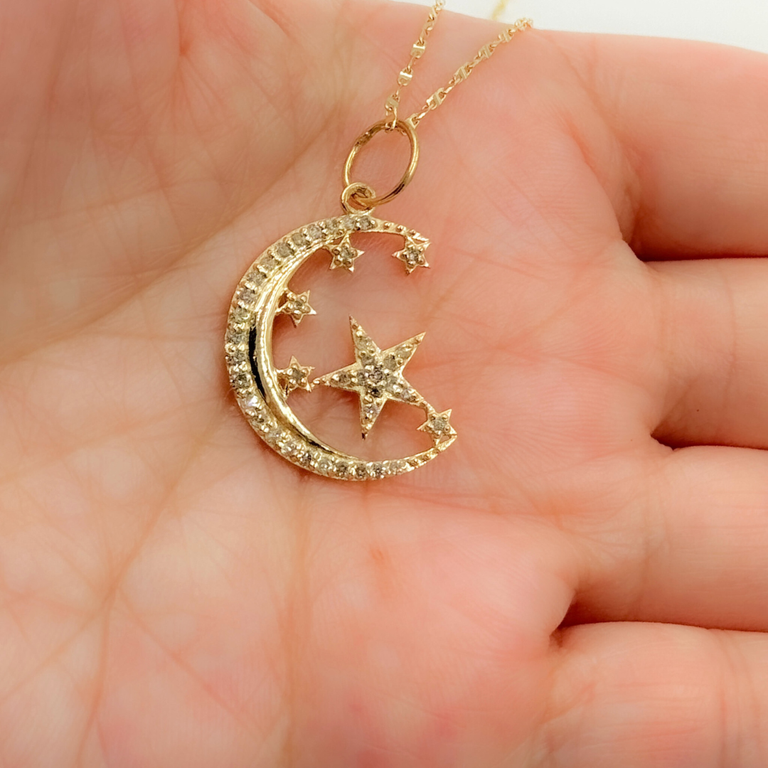 14K Solid Gold Diamond Charm with Moon and Stars. GDP606A