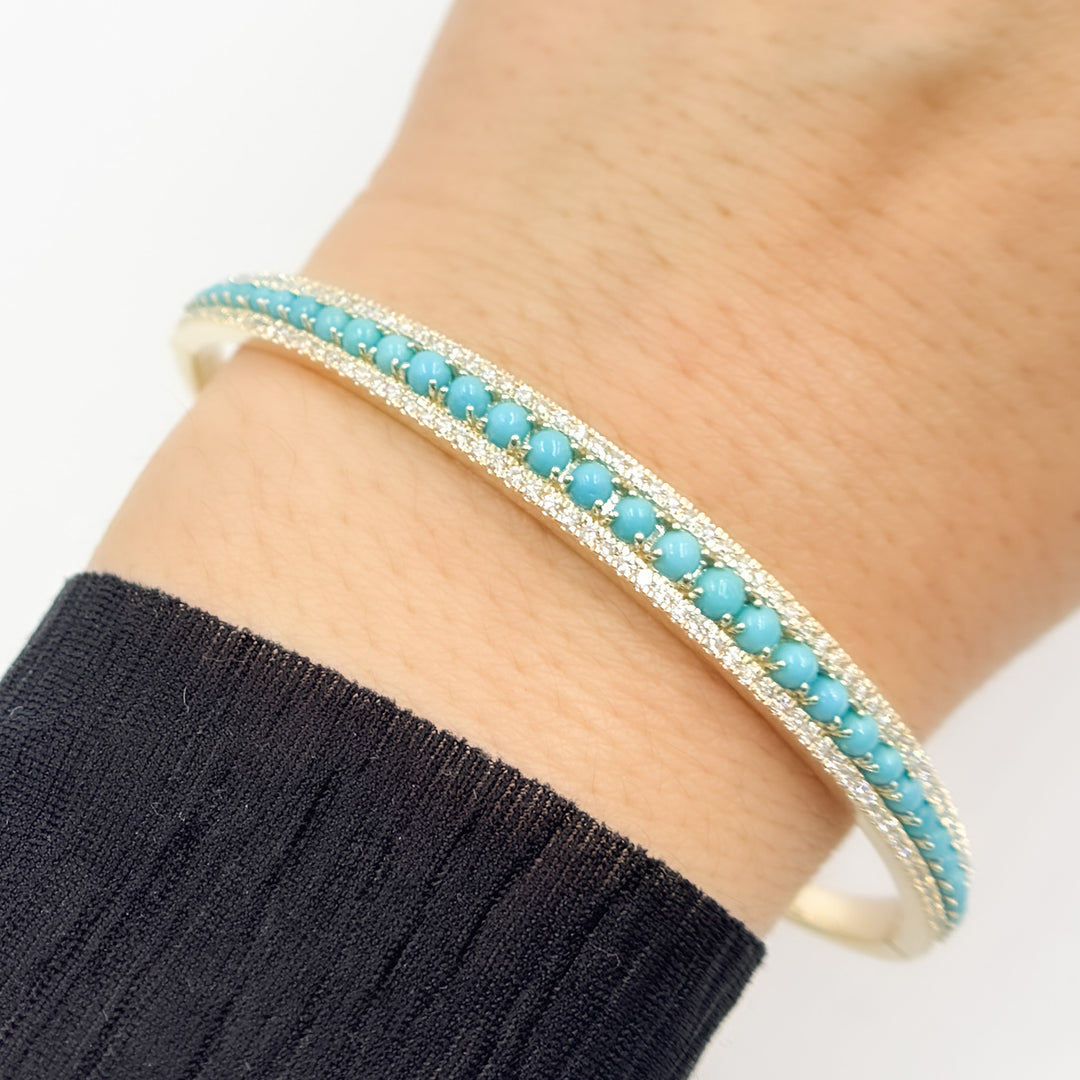 BNK68477TQ. 14K Solid Yellow Gold Turquoise and Diamond Fancy Bangle