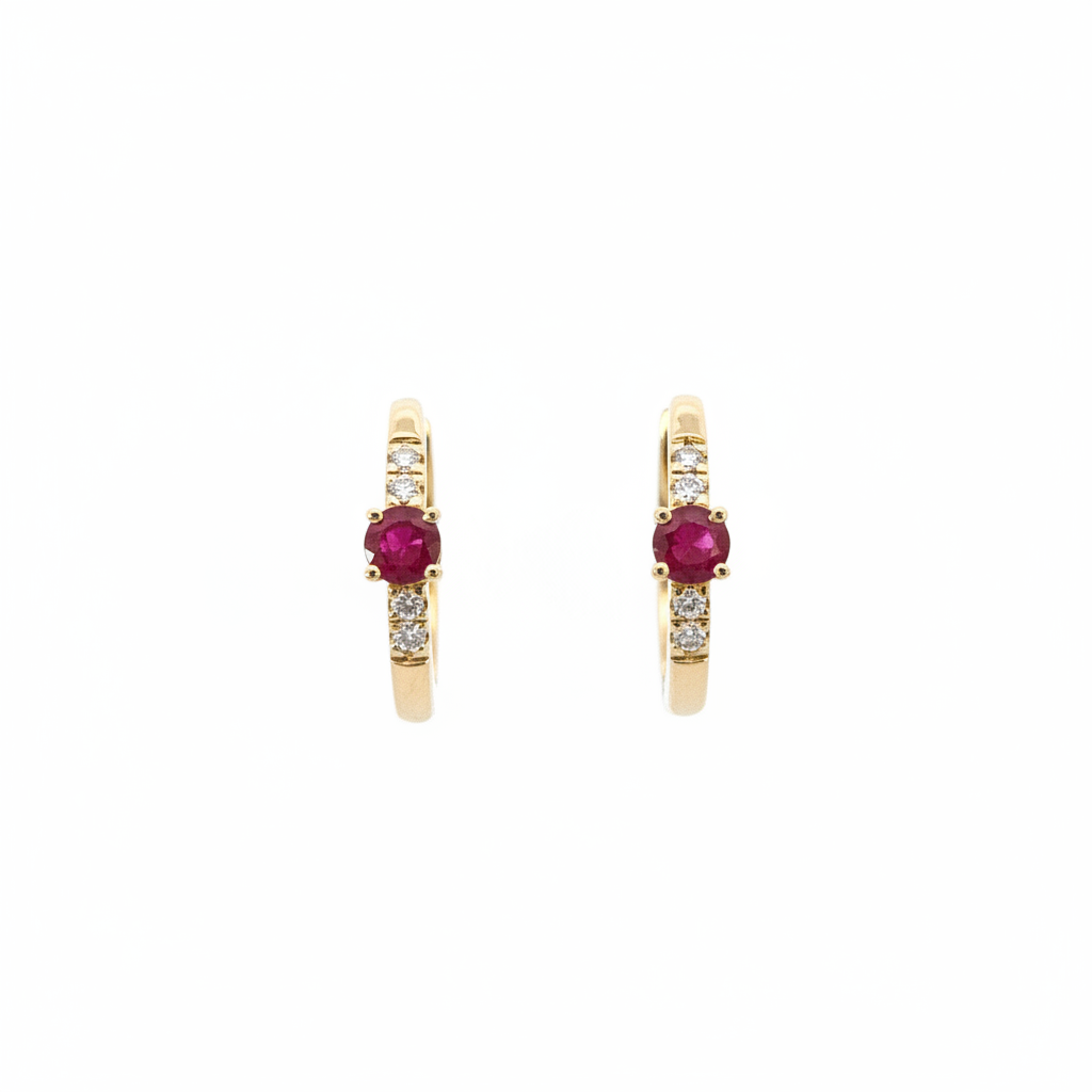 EHA57619RU. 14K Solid Gold Ruby & Diamond & Hoop Earrings