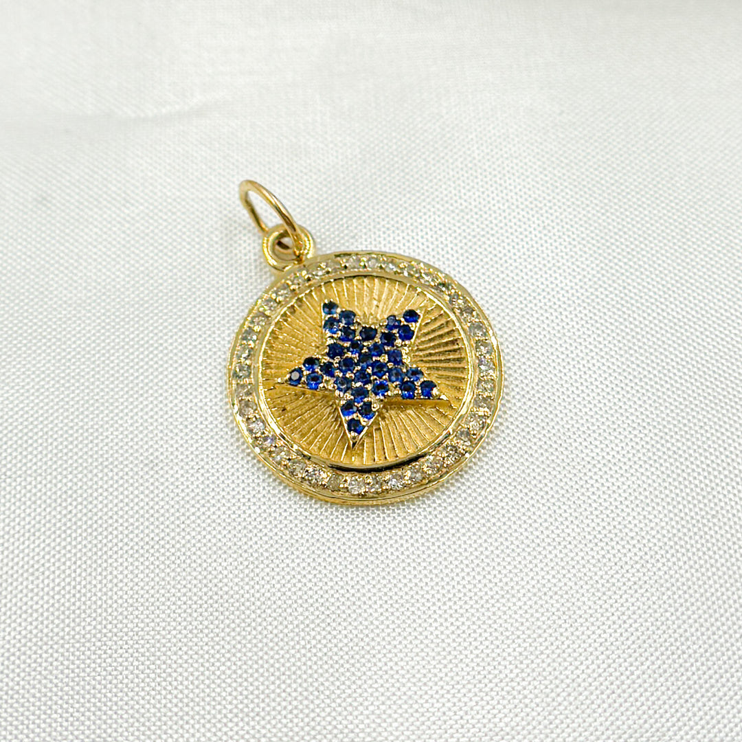 14K Solid Gold Diamonds & Gemstone Star Round Charm. GDP361