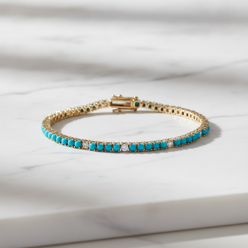 BTI65402TQ. 14K Solid Gold Diamond and Turquoise Bracelet