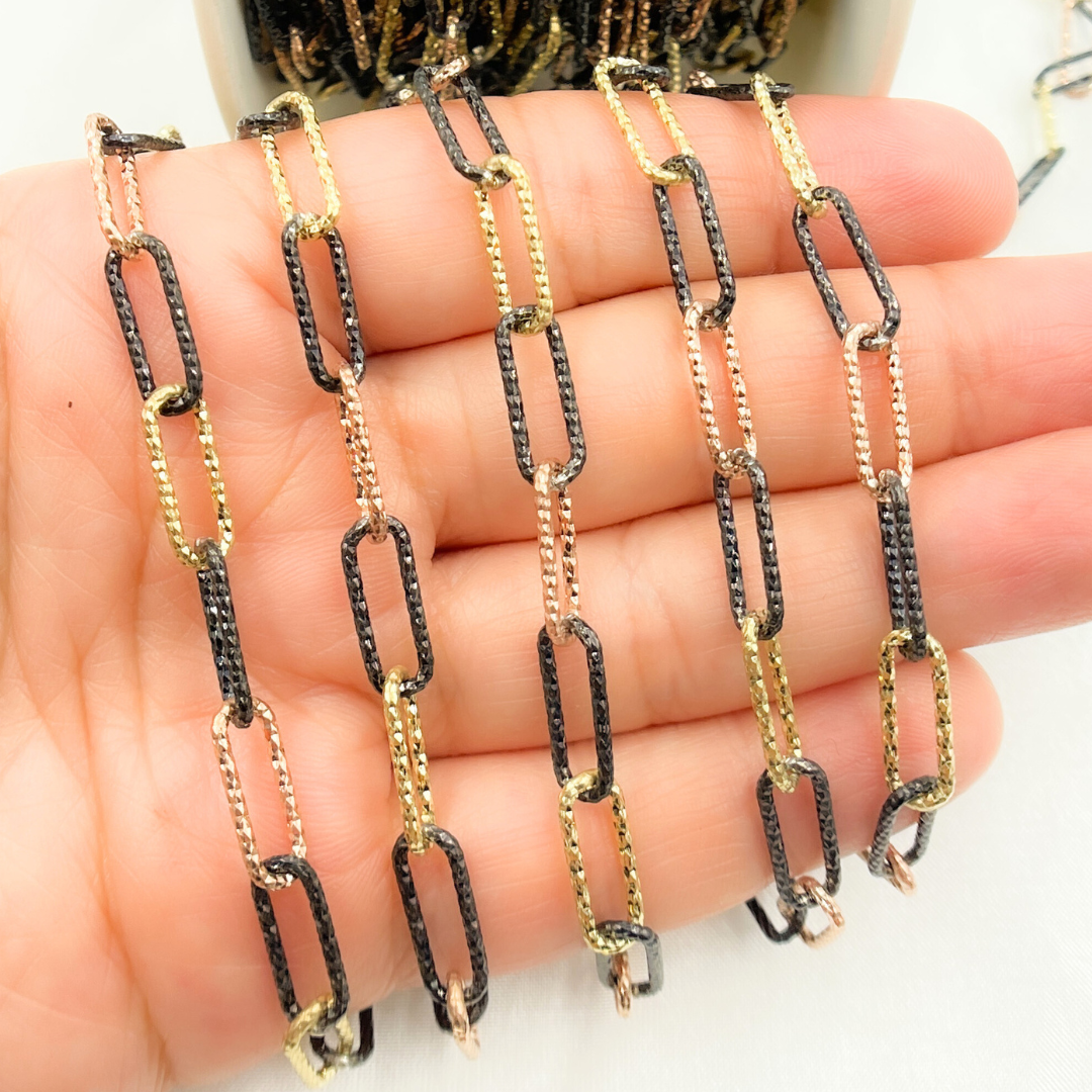 Gold Plated, Black Rhodium & Rose Gold Plated 925 Sterling Silver Diamond Cut Paperclip Chain. V9GBR