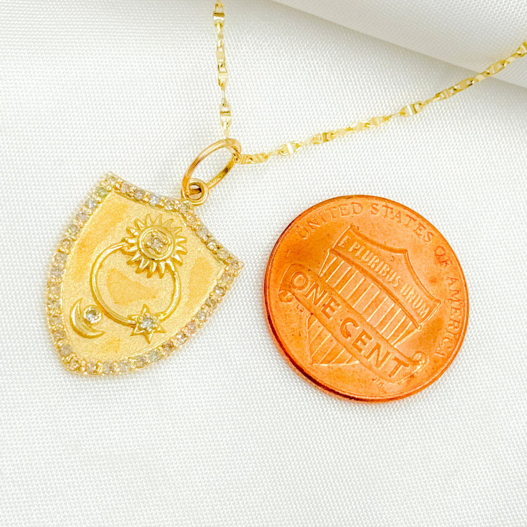 14K Solid Gold Diamond Shield Charm with Sun, Moon and Star in the Center. GDP485