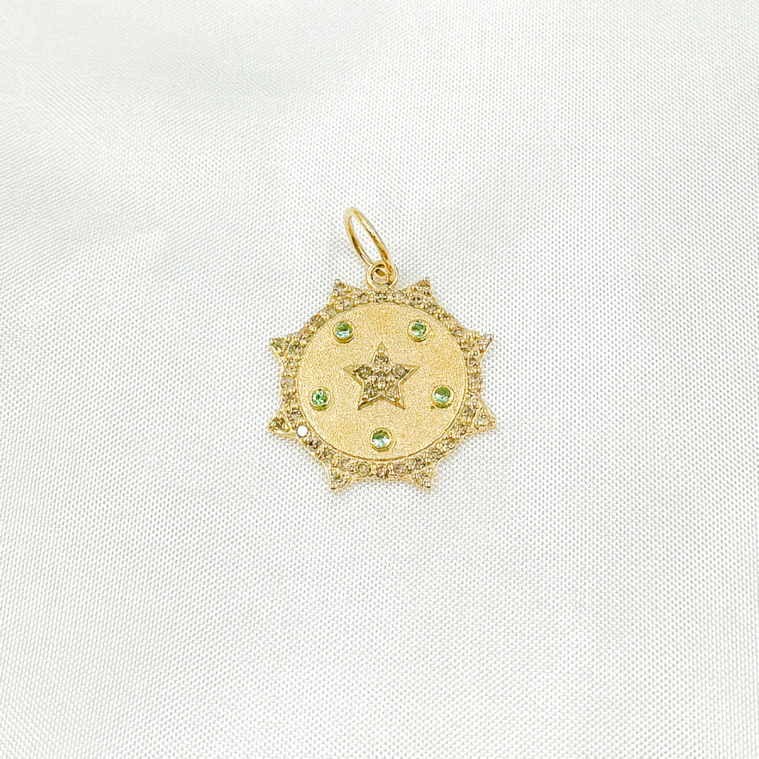 14K Solid Gold Diamond Sun Shape Charm with Star in the Center in Gemstones. GDP547