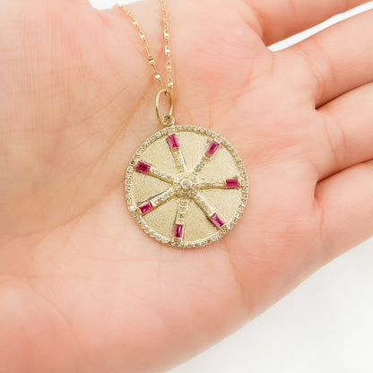 14K Solid Gold Diamonds Circle Charm with Lines and Gemstones. GDP567