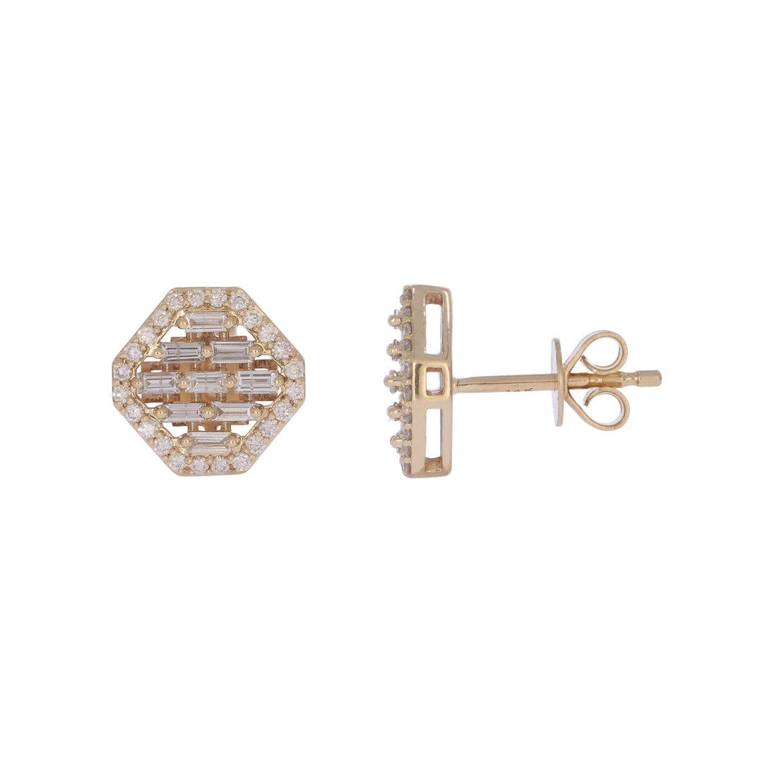 EFI54501. 14K Solid Gold Diamond Baguette Octagon Stud Earrings