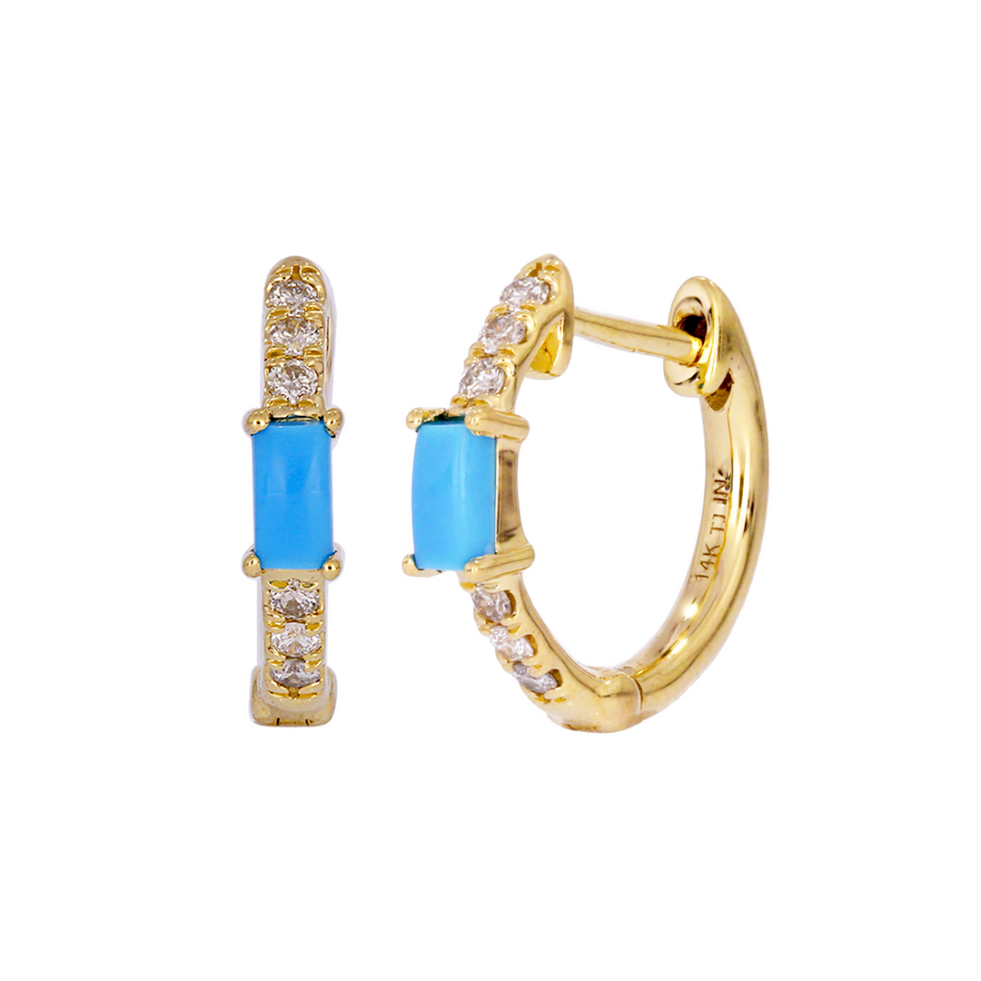 EHC56727TQ. 14k Solid Gold Turquoise and Diamond Huggies