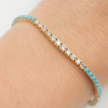 14k Solid Gold Diamond and Turquoise Tennis Bracelet