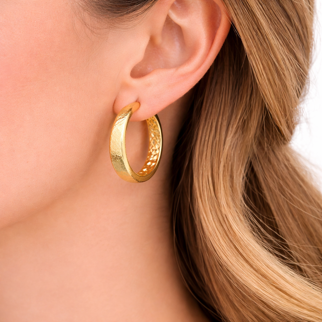 GER89. 14K Gold Diamond Cut Hollow Hoop Earrings with Texture