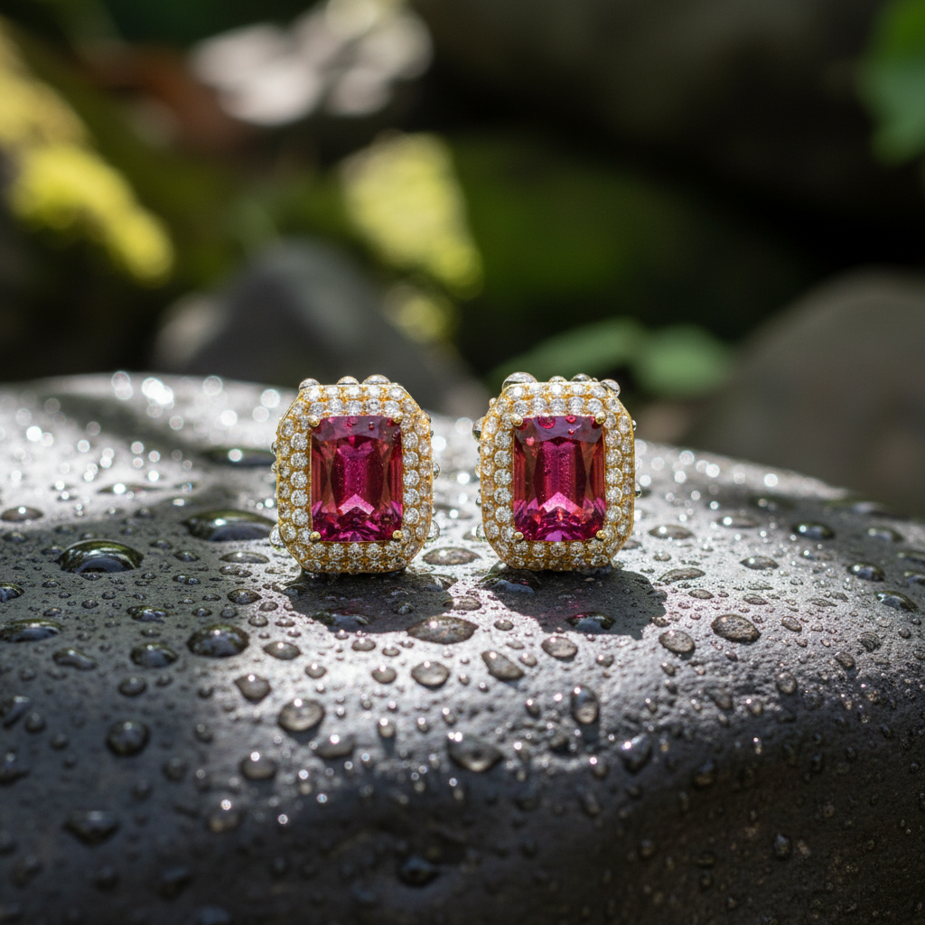 CE97162RU7X5. 14K Solid Gold Diamonds and Ruby Rectangular Stud Earrings