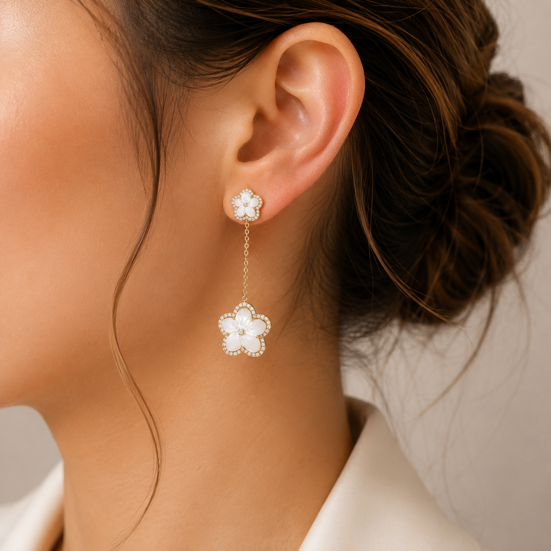 EFL53062PL. 14K Solid Gold Diamond Mother of Pearl Flower Dangle Earrings