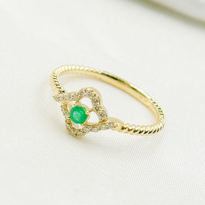 14K Solid Yellow Gold Diamond and Emerald Flower Ring.