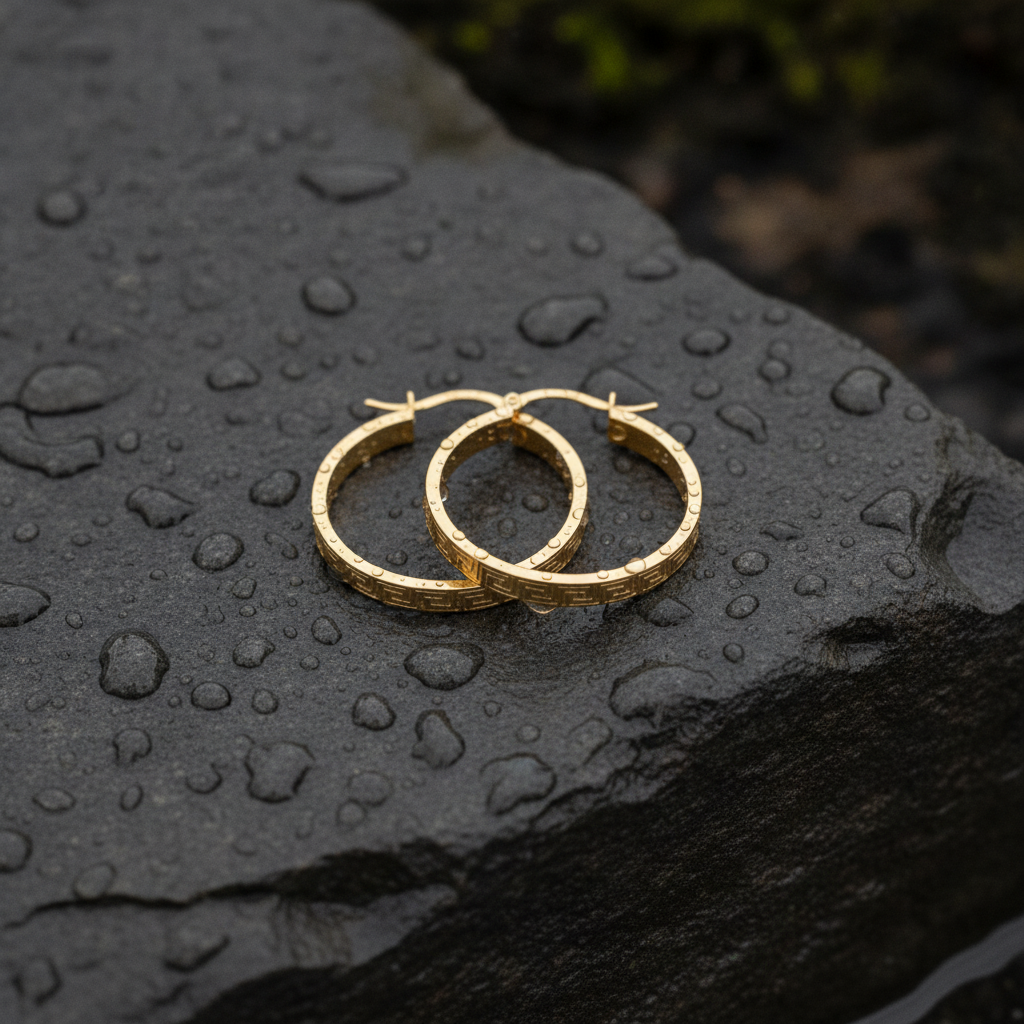 GER63. 14K Solid Gold Textured Flat Hollow Round Hoop Earrings