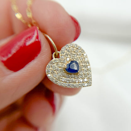 14k Solid Gold Diamond and Blue Sapphire Heart Charm. GDP586