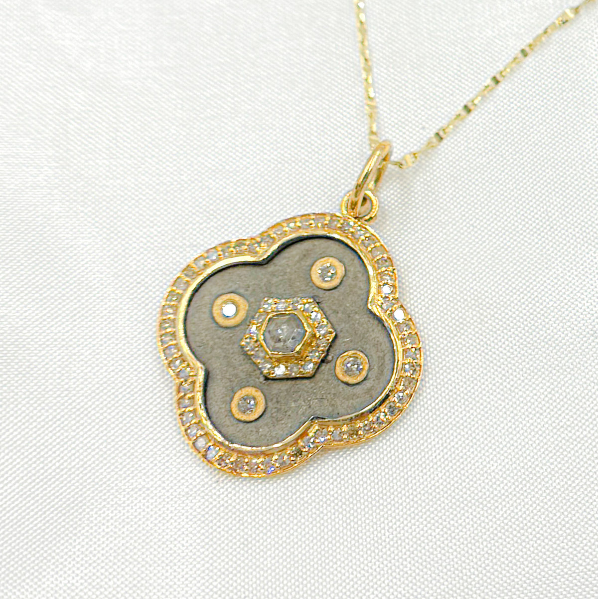 KSG56. 14k Solid Gold and Sterling Silver Black Rhodium Clover Charm