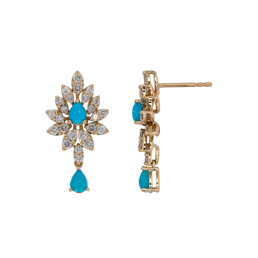 EFJ54190TQ. 14K Solid Gold Turquoise Flower Dangle Earrings