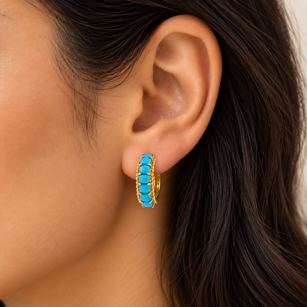 EHZ57696TQ. 14K Solid Gold Turquoise Hoops