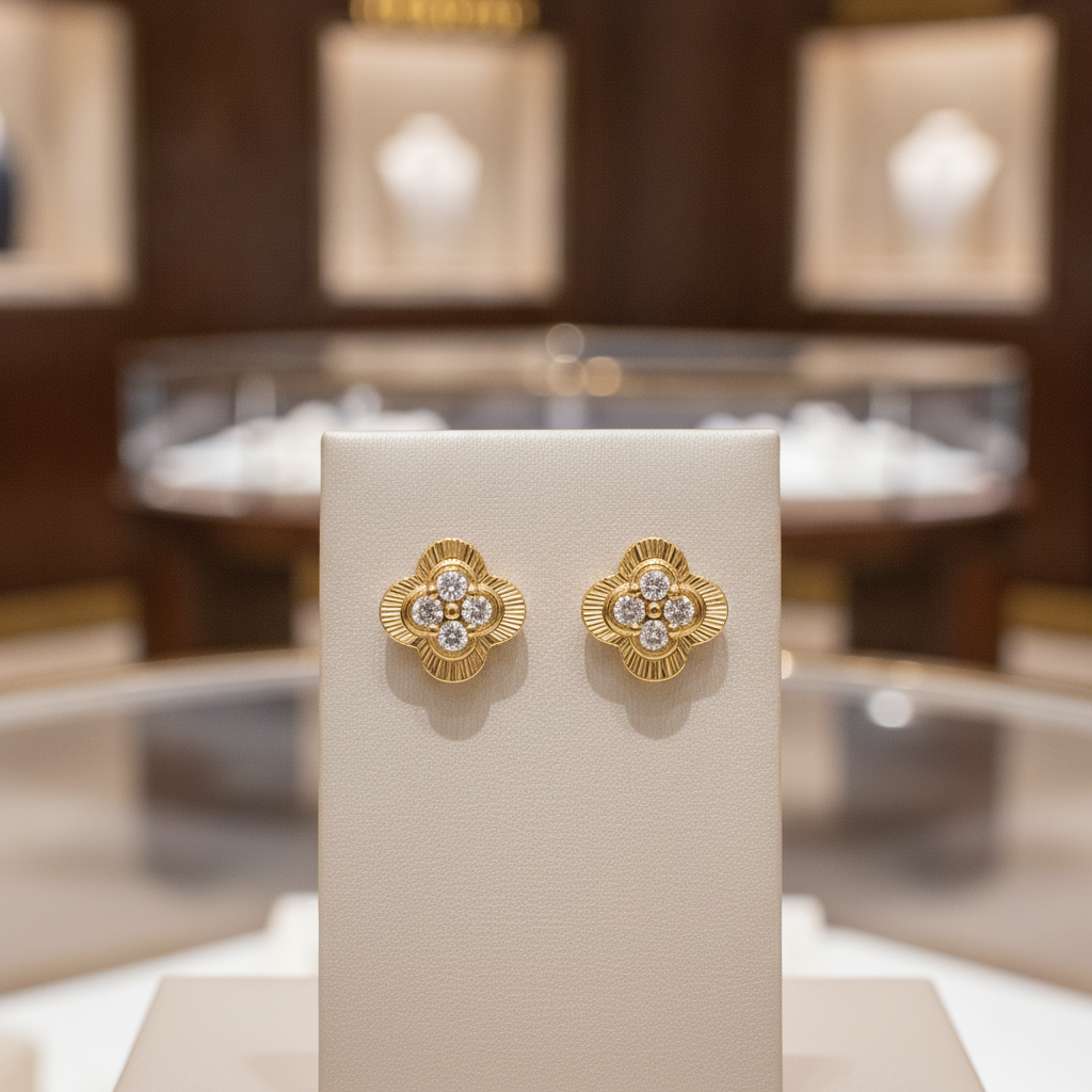 EFA53390. 14K Solid Gold Diamond Flower Stud Earrings