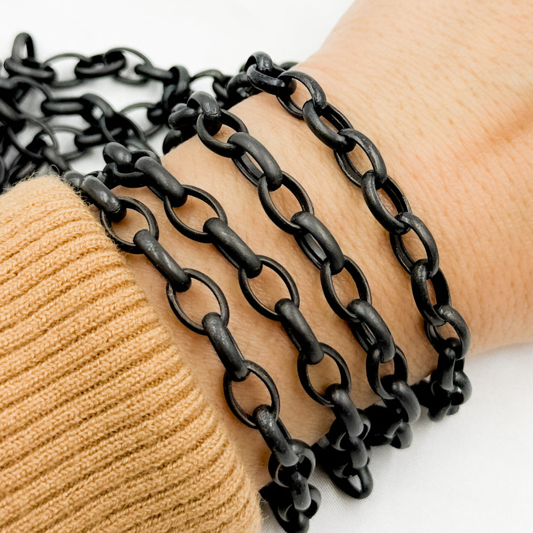 V23BR. Black Rhodium Matt Sterling Silver Oval Link Chain