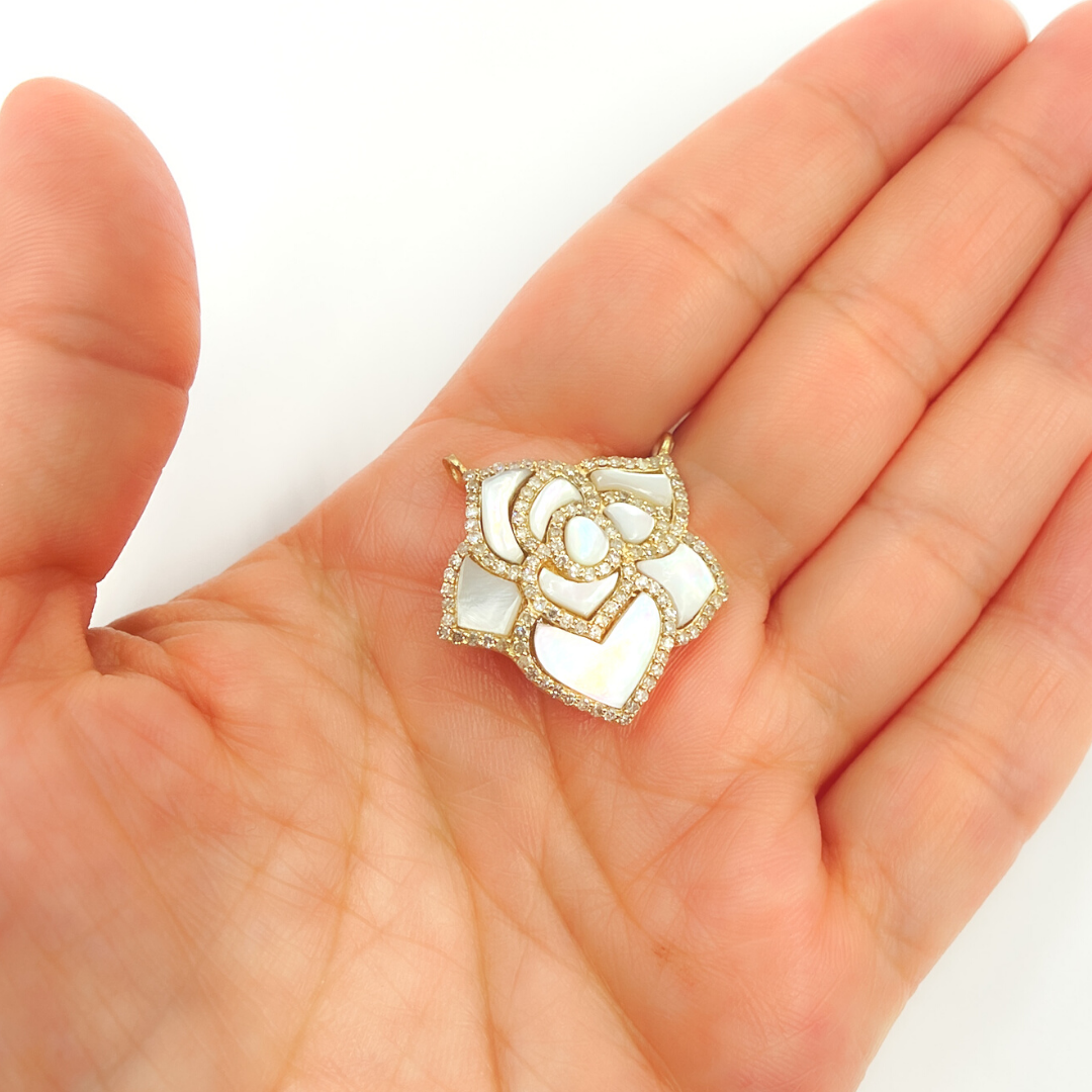 14K Solid Gold Diamonds and Mother of Pearl Flower Charm. KG121