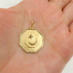 Load image into Gallery viewer, 14K Solid Gold Diamond and Gemstone Octagon Charm with Moon and Star in the Center. GDP555
