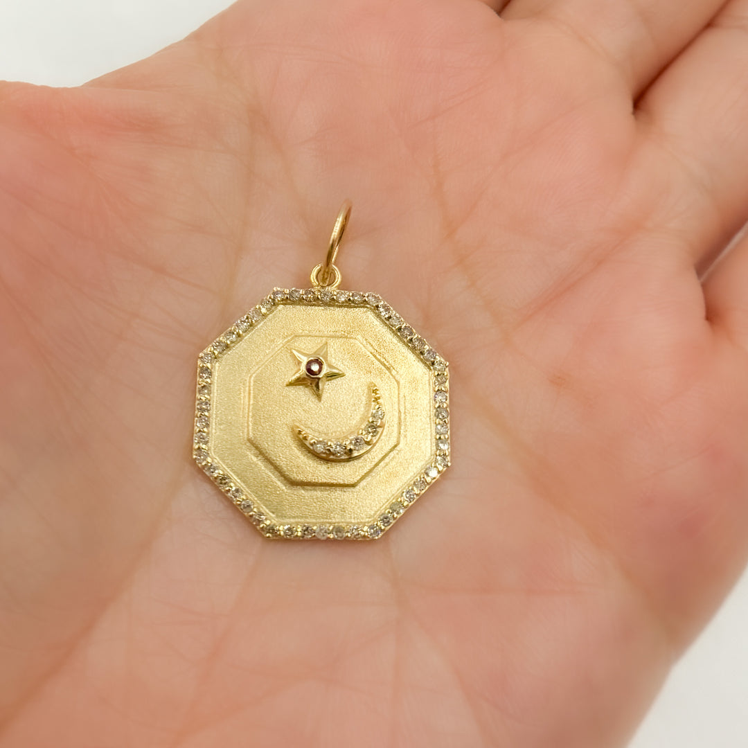 14K Solid Gold Diamond and Gemstone Octagon Charm with Moon and Star in the Center. GDP555