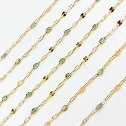 V295OP3GF. 14K Gold Filled Green Shade Opal Enamel Chain with Paperclip and Diamond Cut Marina Links
