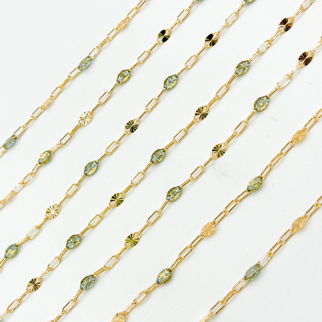 V295OP3GF. 14K Gold Filled Green Shade Opal Enamel Chain with Paperclip and Diamond Cut Marina Links