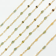 V295OP3GF. 14K Gold Filled Green Shade Opal Enamel Chain with Paperclip and Diamond Cut Marina Links