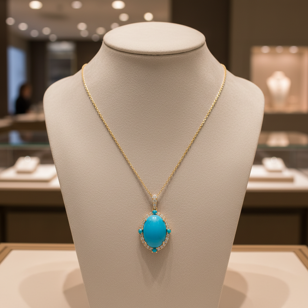 CP97321TQ14X10. 18K Solid Gold Diamond & Turquoise Pendant