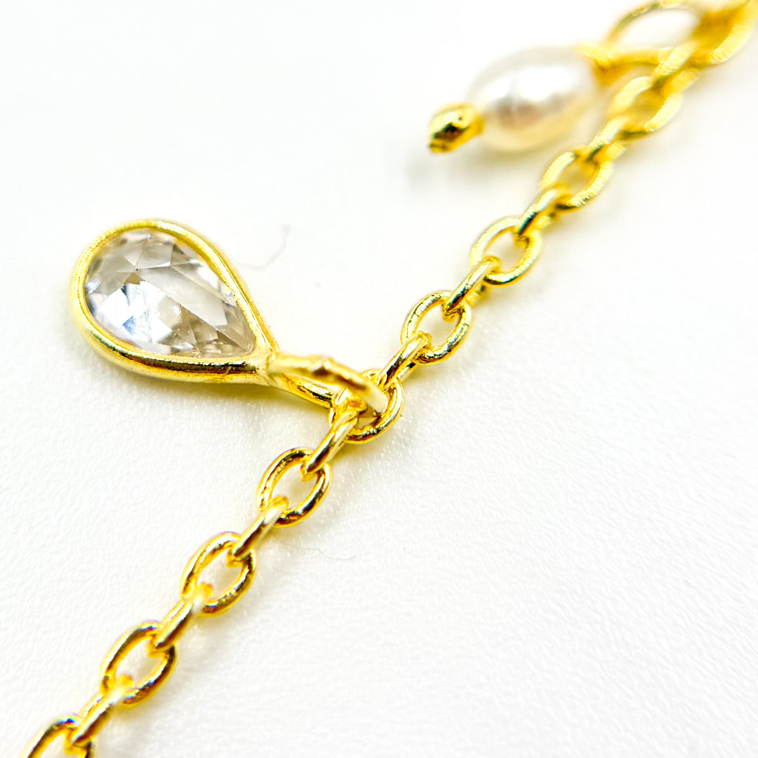 Silver Gold Plated Pearl & CZ Dangle Wire Chain