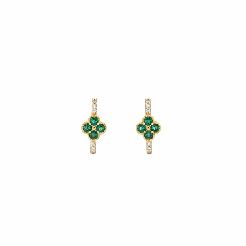 HP402563. 14k Solid Gold Diamond and Gemstones Fancy Flower Hoop Earrings