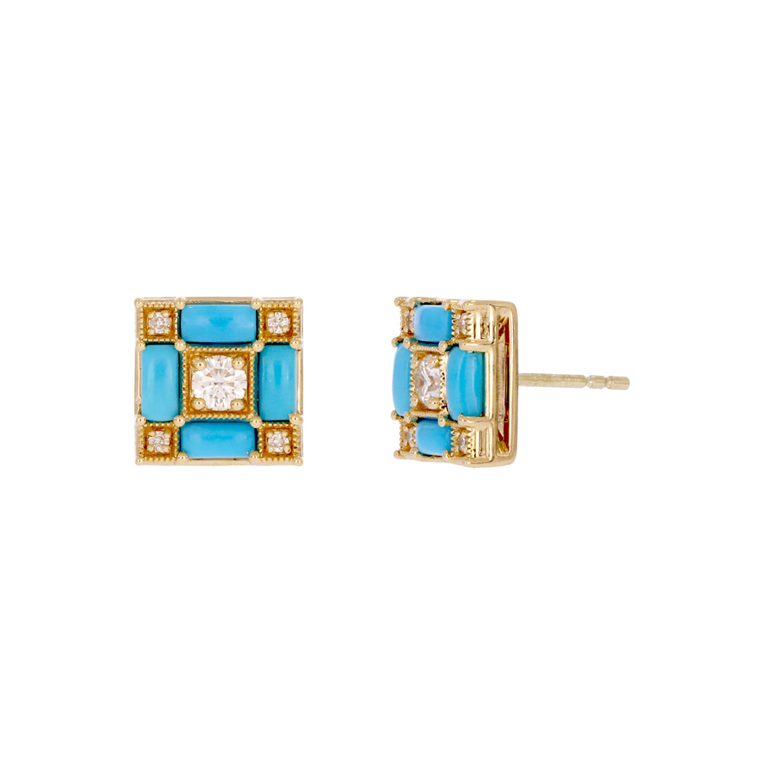 EFE53897TQ. 14K Solid Gold Diamonds and Turquoise Square Stud Earrings