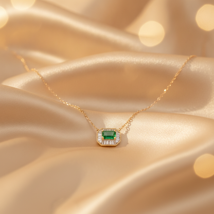 NT407154. 14K Solid Gold Octagon Emerald Fancy Tiny Necklace
