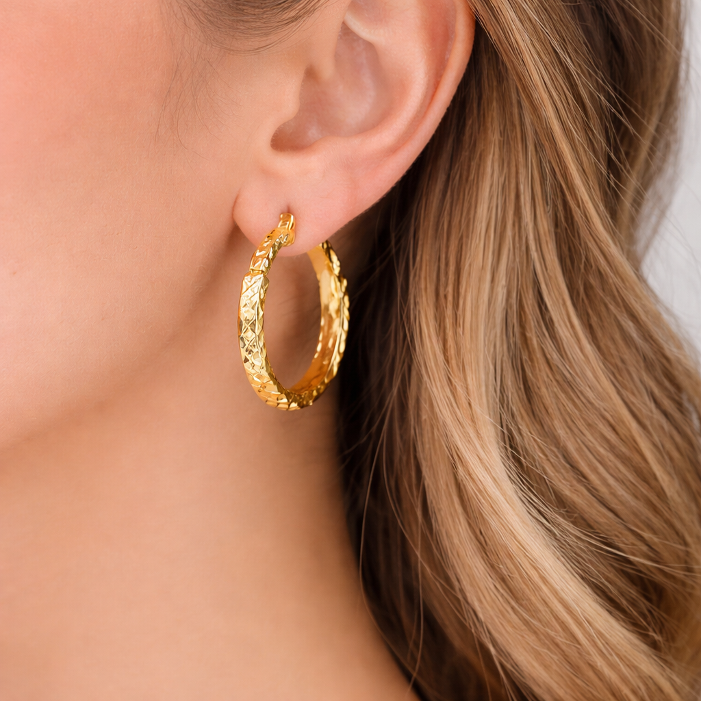 GER166. 14K Gold Hollow Flat Diamond Cut Hoop