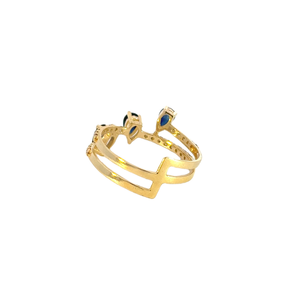 14k Solid Gold Blue Sapphire and Diamond 3 Drops Ring. GDR231
