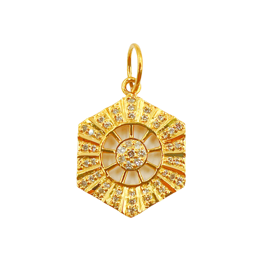 14K Solid Gold Charm Hexagonal Pendant with Diamonds. GDP138