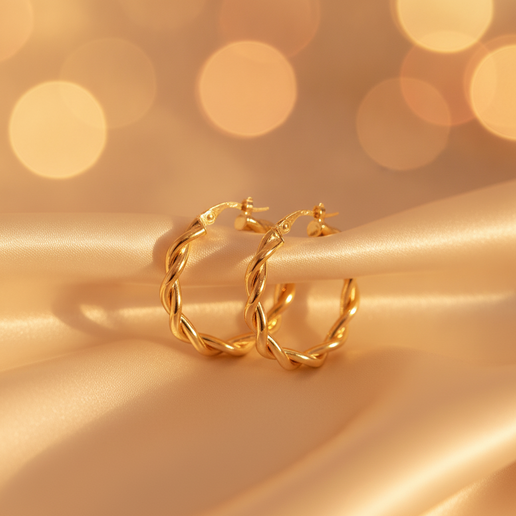 15850003133. 14K Solid Gold Twist Double Round Hollow Hoop Earrings