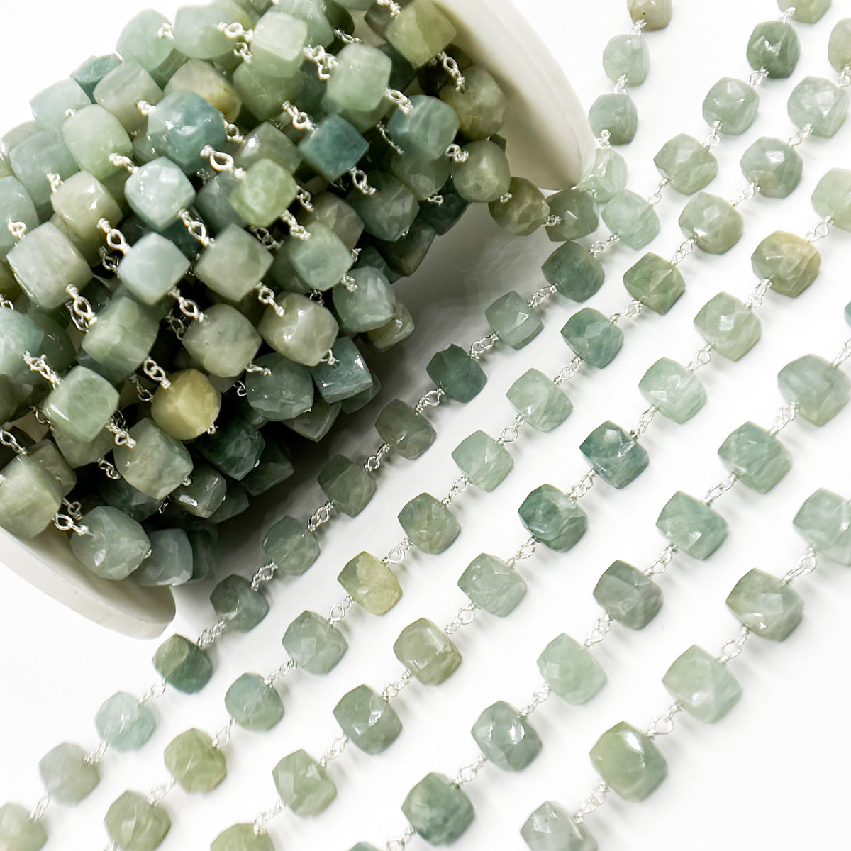Milky Aquamarine Cube Faceted Sterling Silver Wire Chain