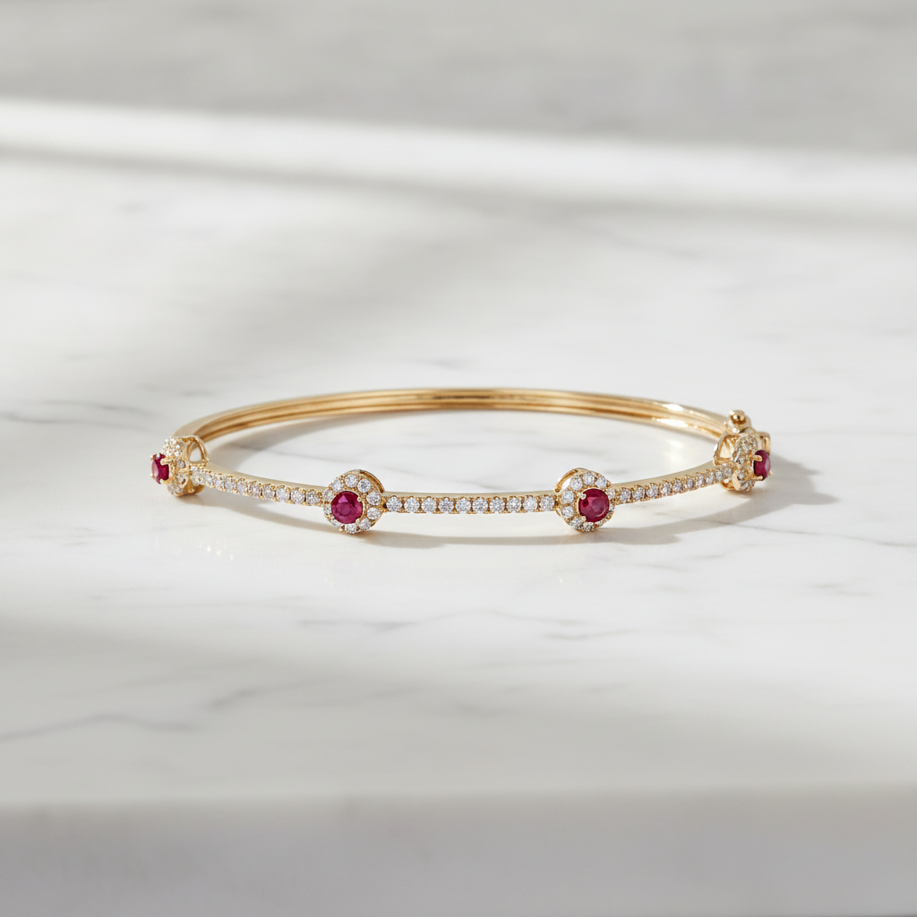 BNJ68672. 14K Solid Gold Diamond & Gemstone Bangle