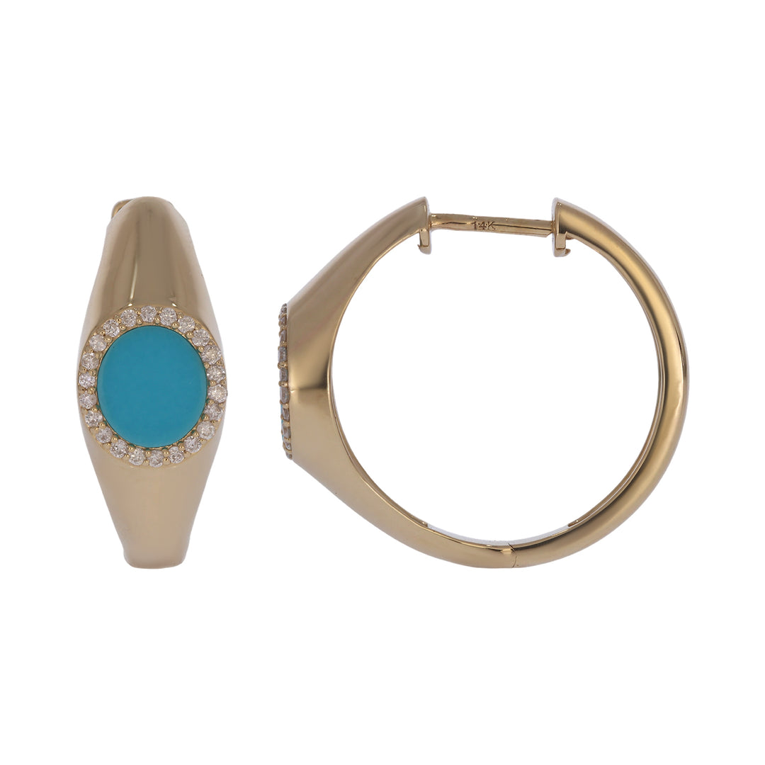 DER04116TQ. 14K Solid Gold Turquoise and Diamond Hoops