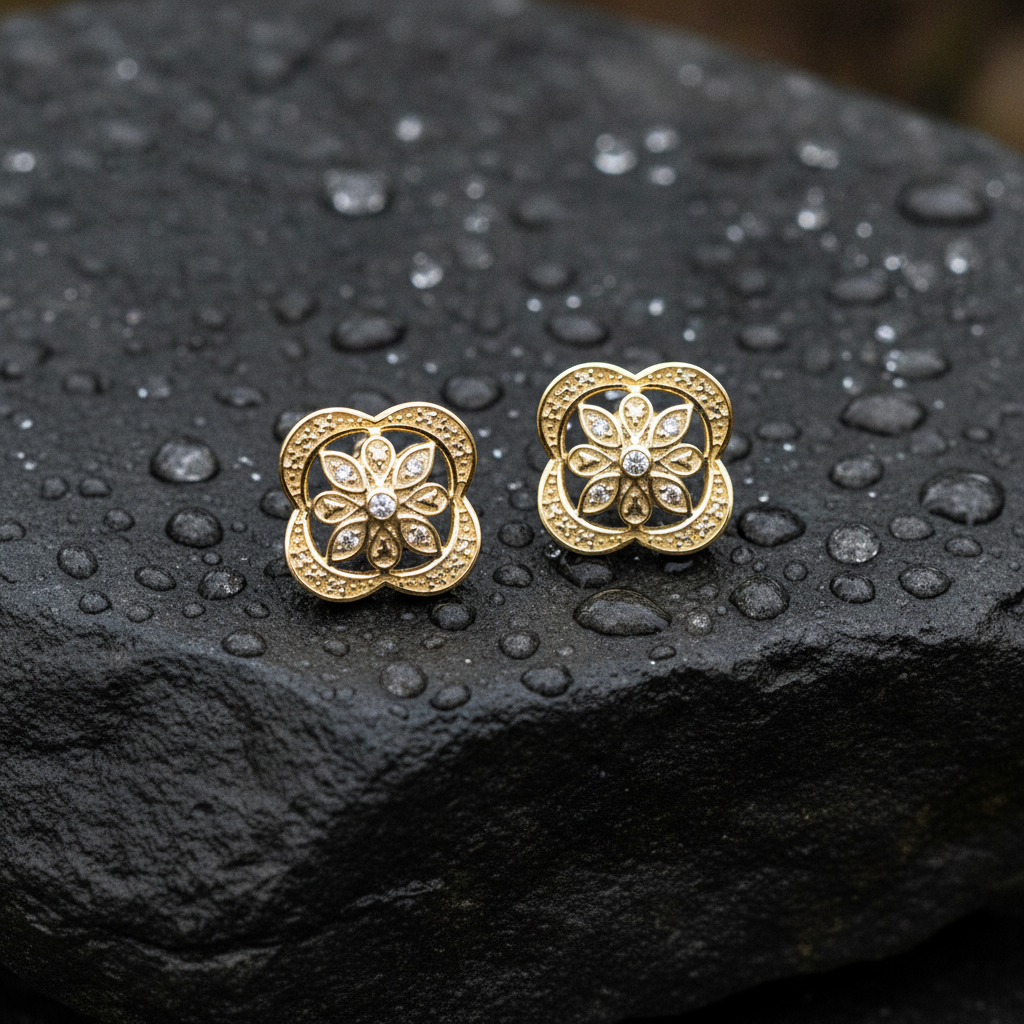 EFA51308. 14K Solid Gold and Diamonds Flower Earrings