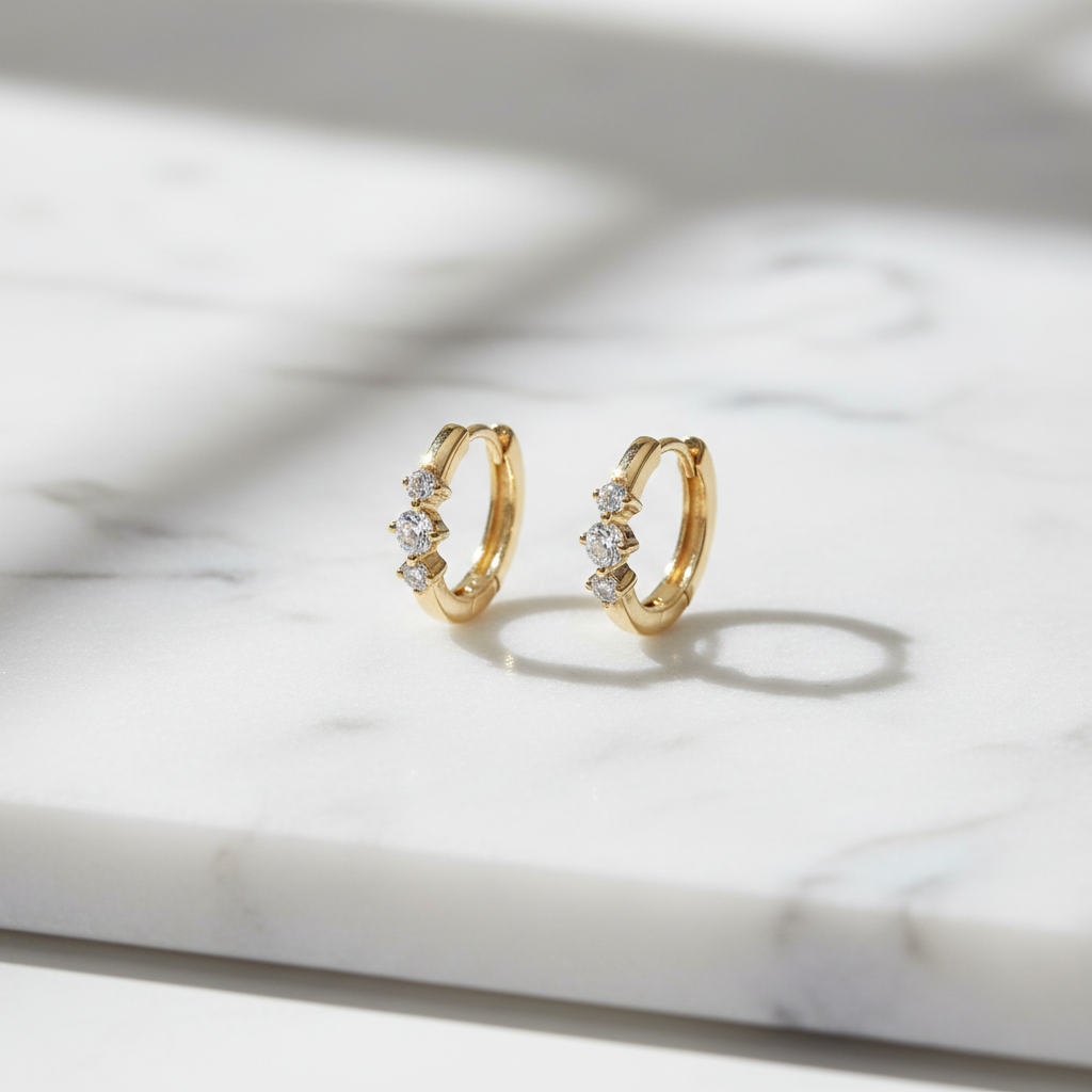 EHE57395. 14K Solid Yellow Gold Diamond Hoop Earrings