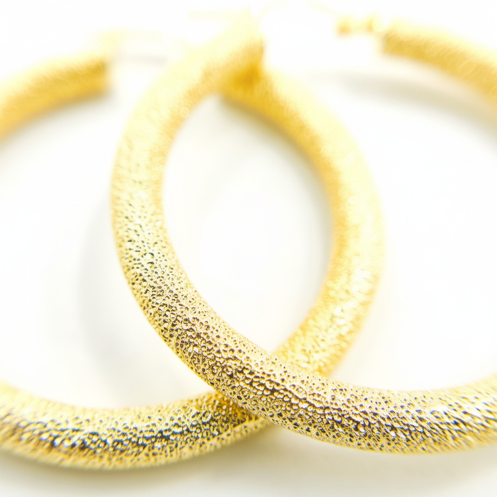 GER52. 14K Solid Gold Textured Hollow Hoop Earrings – Classic Round Hoops
