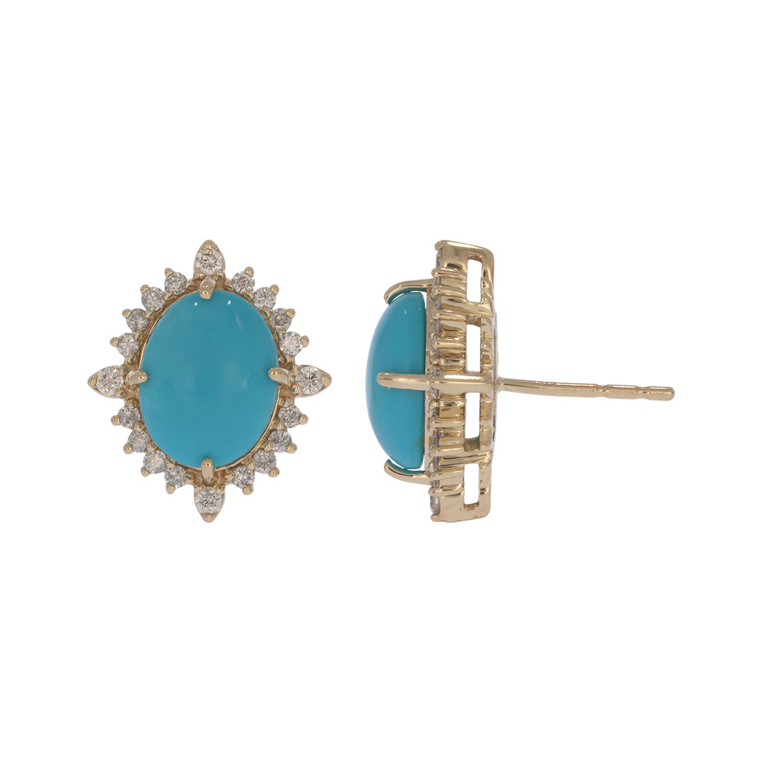 CE97428TQ9X7. 14k Solid Gold Diamond and Turquoise Oval Stud Earrings
