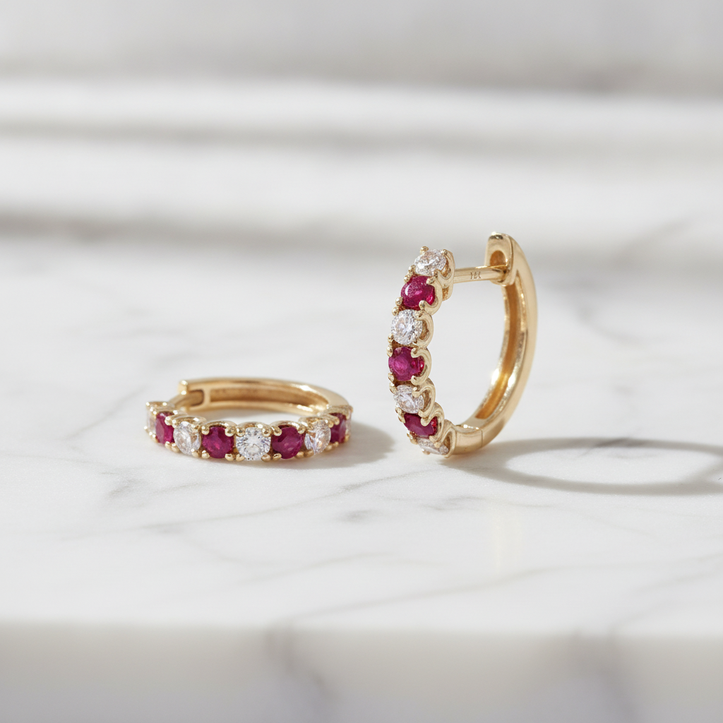 EHE57608. 14K Solid Gold Diamond and Gemstone Huggies
