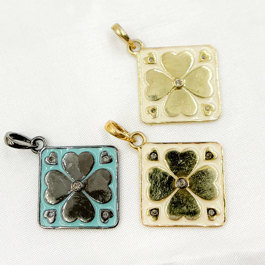 DP781A. Diamond Sterling Silver Square Flower Enamel Pendant