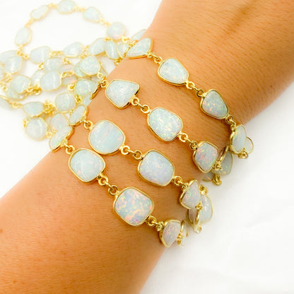 White Opal Oval Shape Bezel Gold Plated Wire Chain