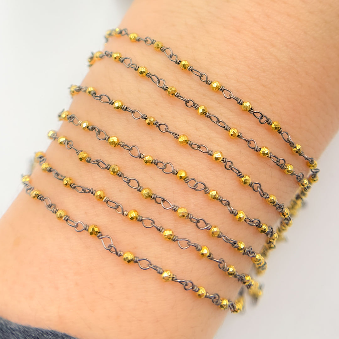 PYR14. Black Rhodium Sterling Silver and Gold Pyrite Wire Wrapped Beads Chain