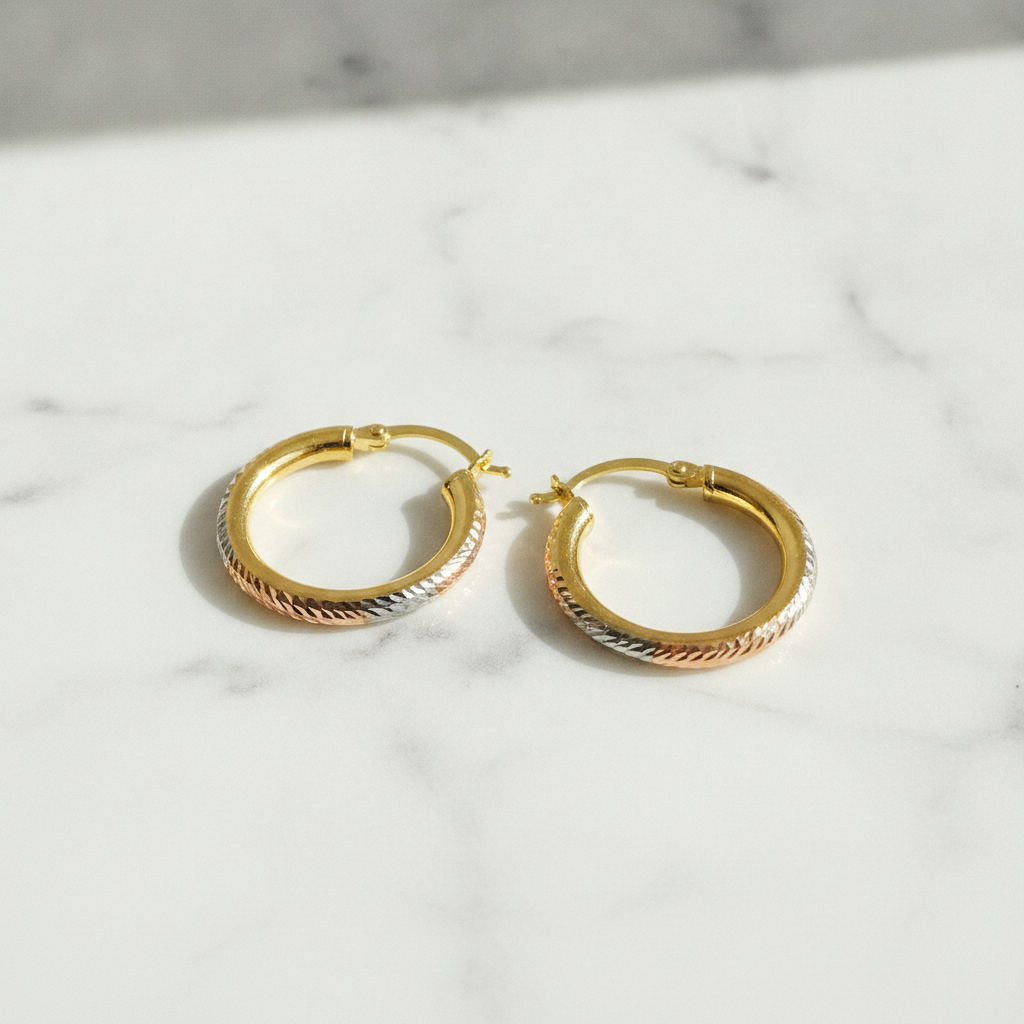 GER77. 14K Tri-Color Gold Diamond-Cut Hollow Hoop Earrings